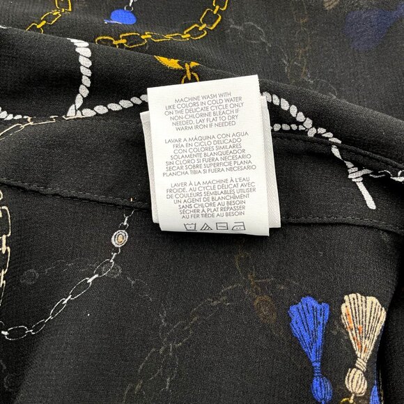 CABI Long Sleeve Button Front Victoria Status Print Semi Sheer Blouse LG - Picture 9 of 10